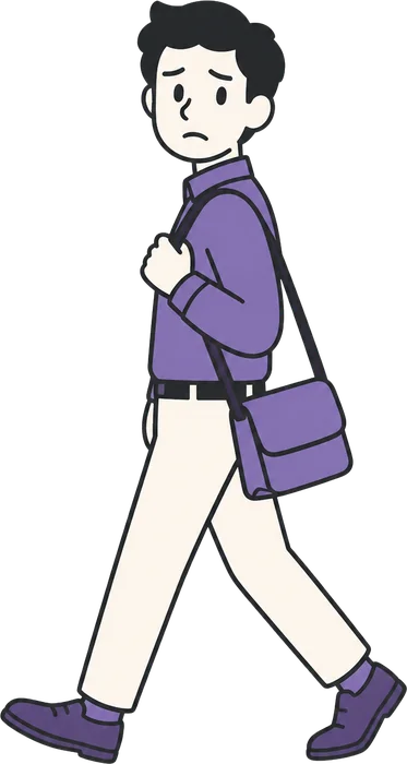 A worried person walking away from their laptop